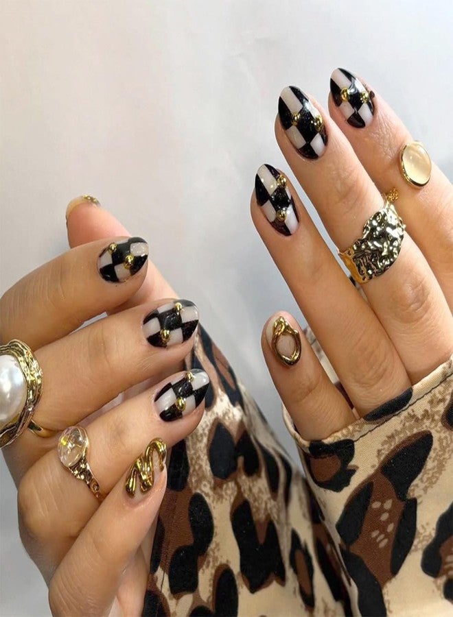 HJKDSFD 30Pcs Short Press on Nails Oval Shaped Fake Nails Black and White Checkerboard False Nails with Gold Chrome Design Pearl Glue on Nail Cute Natural Acrylic Artificial Nail for Women Girls - Image 1
